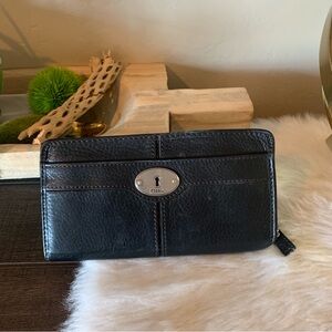 Vintage Fossil Maddox Marlow Leather full zip Wallet Black With Logo